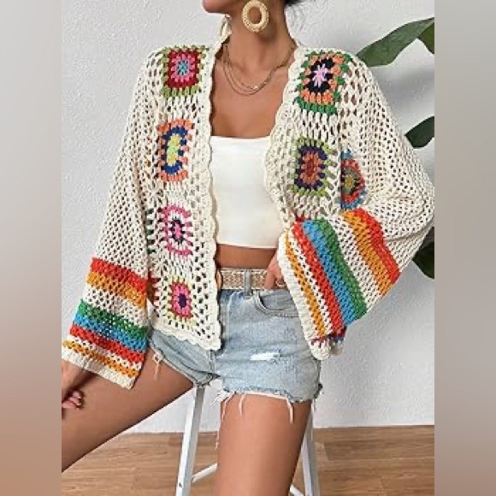 Colorful Crochet Open Front Cardigan Sweater